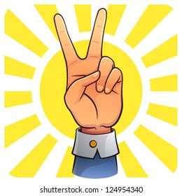 Victory Hand Image of victory hand with sunlight background. Peace and winning symbol. EPS8 vector file.