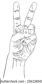 Victory hand sign, detailed black and white lines vector illustration, hand drawn.