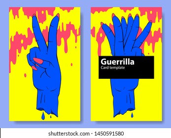 Victory hand sign gesture, front and back card design in hand drawn cartoon, comic, anime art style, flat bold color card template