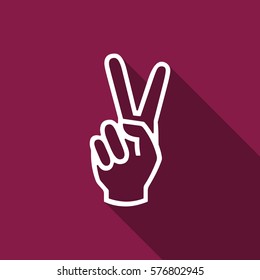 Victory hand sign icon. Hand showing two finger flat icon with long shadow. Vector Illustration