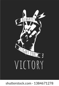 victory hand sign with ribbon illustration on black background