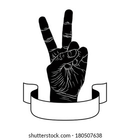 Victory hand sign with ribbon, triumph emblem, detailed black and white vector illustration.