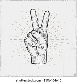 Victory hand sign. T-Shirt print. Vector illustration.