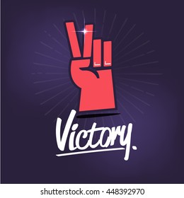 Victory Hand Sign With Typographic Icon. Hand Showing Two Finger Icon - Vector Illustration