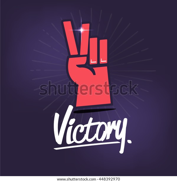 タイポグラフィックアイコンと勝利の手書き記号 2本の指を示す手のアイコン ベクターイラスト のベクター画像素材 ロイヤリティフリー 448392970