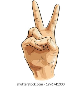 Victory hand sign vector pop art illustration on white