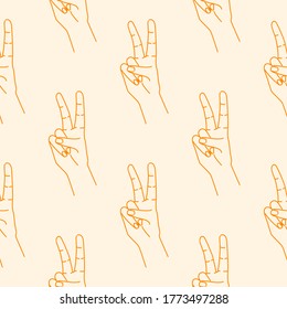 Victory hand signs seamless pattern. Silhouette orange linear contour on a light background. Hand drawn expression gesture. Designed for textile, wrapping paper, fabric print. Vector illustration.