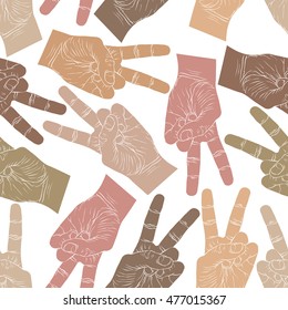 Victory hand signs seamless pattern, vector background for wallpapers, textile or other designs.