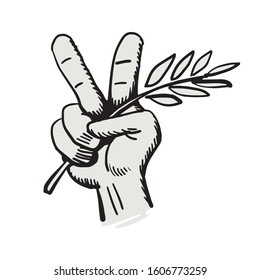 Victory hand symbol holding lily peace plant vector illustration