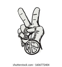 victory hand symbol holding peace necklace vector illustration