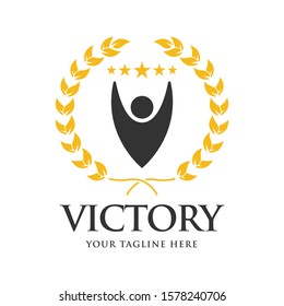Victory, happy man and gold laurel wreath creative symbol concept. Champion, success abstract business logo idea