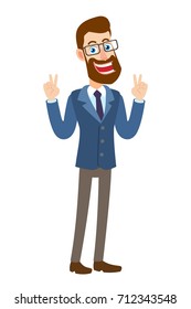 Victory! Hipster Businessman showing victory hand sign or quotes hand sign. Full length portrait of Cartoon Hipster Businessman Character. Vector illustration in a flat style.