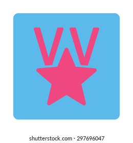 Victory icon from Award Buttons OverColor Set. Icon style is pink and blue colors, flat rounded square button, white background.