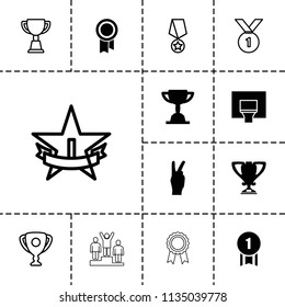 Victory icon. collection of 13 victory filled and outline icons such as trophy, basketball basket, number 1 medal, peace. editable victory icons for web and mobile.