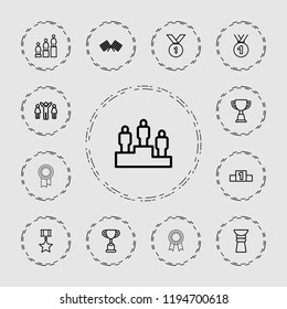 Victory icon. collection of 13 victory outline icons such as ranking, trophy, medal, finish flag, number 1 medal, medal with star. editable victory icons for web and mobile.
