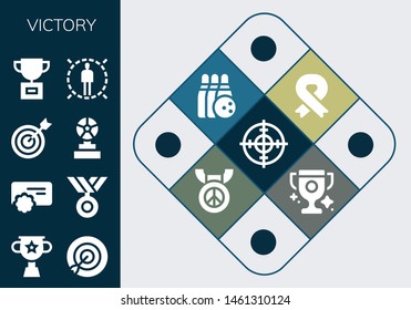 victory icon set. 13 filled victory icons.  Simple modern icons about  - Target, Trophy, Reward, Medal, Ribbon, Bowling
