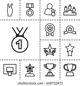 Victory icon. set of 13 outline victoryicons such as medal, trophy, basketball basket, ranking, 1st place star, star trophy, man with medal, medal with star