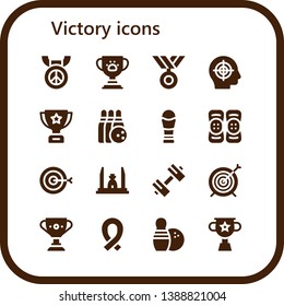 victory icon set. 16 filled victory icons.  Simple modern icons about  - Medal, Trophy, Target, Bowling, Kneepad, Democracy monument, Sport, Ribbon
