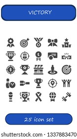 victory icon set. 25 filled victory icons.  Simple modern icons about  - Quality, Target, Medal, Ribbon, Podium, Trophy, Reward, Fist, Stadium, Bowling, Competition, Success, Prize