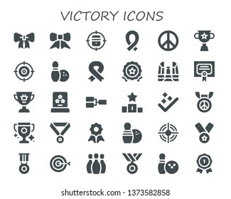 victory icon set. 30 filled victory icons.  Collection Of - Ribbon, Target, Peace sign, Trophy, Bowling, Medal, Democracy monument, Merit, Award, Competition, Podium, Success