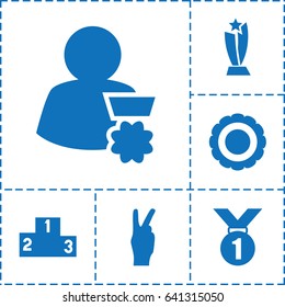 Victory icon. set of 6 victory filled icons such as ranking, award, trophy, man with medal, peace