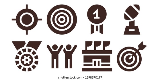  victory icon set. 8 filled victory icons. Simple modern icons about  - Medal, Target, Success, Dartboard, Stadium, Quality, Trophy