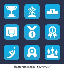 Victory icon. set of 9 filled victory icons such as basketball basket, ranking, trophy, star trophy, number 1 medal, winner