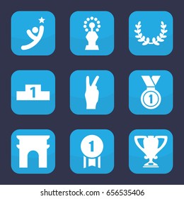 Victory icon. set of 9 filled victory icons such as arc de triomphe, medal, trophy, ranking, olive wreath, number 1 medal, peace