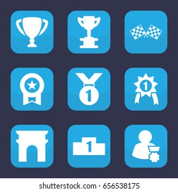 Victory icon. set of 9 filled victory icons such as arc de triomphe, finish flag, ranking, trophy, man with medal, number 1 medal