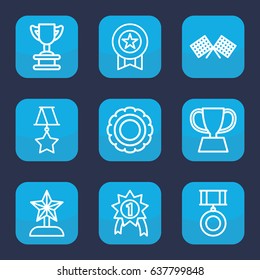 Victory icon. set of 9 outline victory icons such as medal, trophy, finish flag, star trophy, number 1 medal