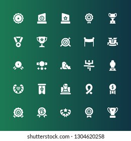 victory icon set. Collection of 25 filled victory icons included Trophy, Medal, Award, Quality, Ribbon, Fist, Banner, Laurel, Winner, Seal, Reward, Ribbons, Target