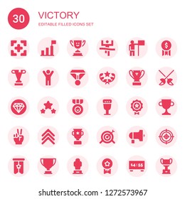 victory icon set. Collection of 30 filled victory icons included Target, Success, Trophy, Winner, Medal, Award, Quality, Goblet, Victory, Rank, Protest, Fencing, Banner, Medals