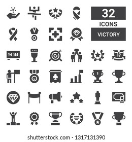 victory icon set. Collection of 32 filled victory icons included Trophy, Medal, Laurel, Prize, Winner, Award, Protest, Banner, Quality, Success, Ribbons, Target, Goblet, Scoreboard