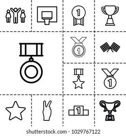 Victory icons. set of 13 editable outline victory icons such as trophy, medal, finish flag, basketball basket, star, ranking, group of people and man celebrating victory