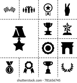 Victory icons. set of 13 editable filled victory icons such as arc de triomphe, trophy, award, ribbon, medal, finish flag, olive wreath, star trophy