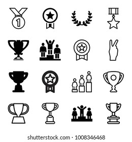 Victory icons. set of 16 editable filled and outline victory icons such as ranking, trophy, olive wreath, medal, medal with star