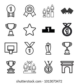 Victory icons. set of 16 editable outline victory icons such as ranking, trophy, medal, finish flag, basketball basket, star, number 1 medal