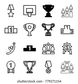 Victory icons. set of 16 editable outline victory icons such as ranking, trophy, basketball basket, number 1 medal, medal with star, winner