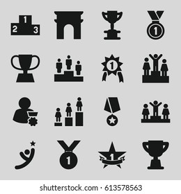Victory icons set. set of 16 victory filled icons such as Arc de Triomphe, ranking, trophy, medal, 1st place star, man with medal
