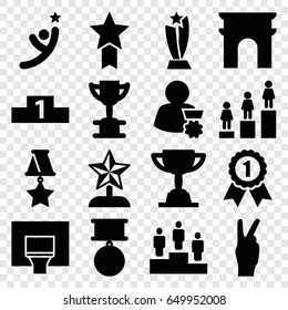 Victory icons set. set of 16 victory filled icons such as arc de triomphe, ranking, basketball basket, medal, trophy, star trophy, man with medal, peace