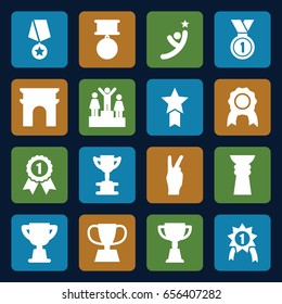 Victory icons set. set of 16 victory filled icons such as arc de triomphe, trophy, medal, ranking, number 1 medal, medal with star, peace