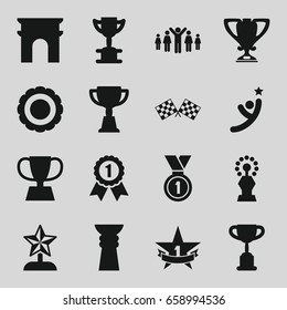 Victory icons set. set of 16 victory filled icons such as arc de triomphe, trophy, medal, finish flag, 1st place star, award, star trophy