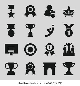 Victory icons set. set of 16 victory filled icons such as arc de triomphe, trophy, basketball basket, 1st place star, medal, award, ranking, man with medal