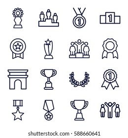 victory icons set. Set of 16 victory outline icons such as Arc de Triomphe, ranking, trophy, medal, olive wreath, group of people and man celebrating victory, number 1 medal