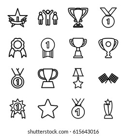 Victory icons set. set of 16 victory outline icons such as trophy, ribbon, star, medal, finish flag, 1st place star, group of people and man celebrating victory