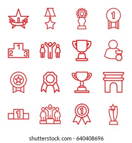 Victory icons set. set of 16 victory outline icons such as arc de triomphe, ranking, ribbon, trophy, medal, 1st place star, group of people and man celebrating victory