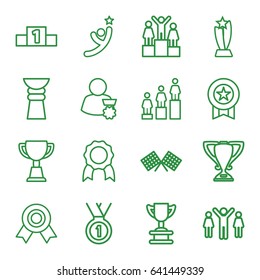 Victory icons set. set of 16 victory outline icons such as ranking, trophy, medal, finish flag, group of people and man celebrating victory, man with medal