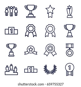 Victory icons set. set of 16 victory outline icons such as trophy, ribbon, ranking, medal, olive wreath, group of people and man celebrating victory, number 1 medal