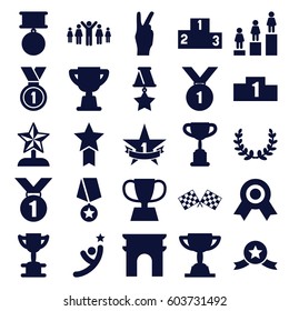 Victory icons set. set of 25 victory filled icons such as Arc de Triomphe, ranking, trophy, medal, finish flag, 1st place star, olive wreath, star trophy