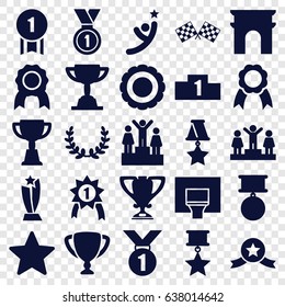 Victory icons set. set of 25 victory filled icons such as arc de triomphe, ranking, trophy, ribbon, medal, finish flag, basketball basket, star, award, olive wreath